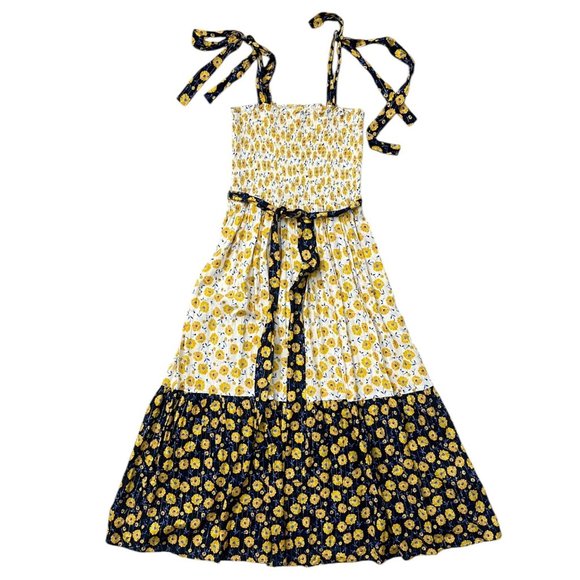 Shoshanna‎ Floral Tiered Midi Tie Shoulder Dress White Navy Medium Cottagecore - Picture 1 of 12